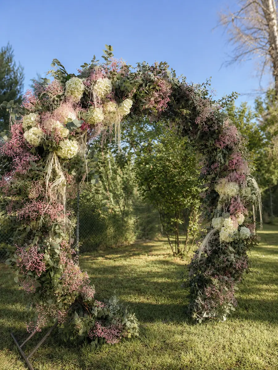 Circular floral arch in a garden wedding